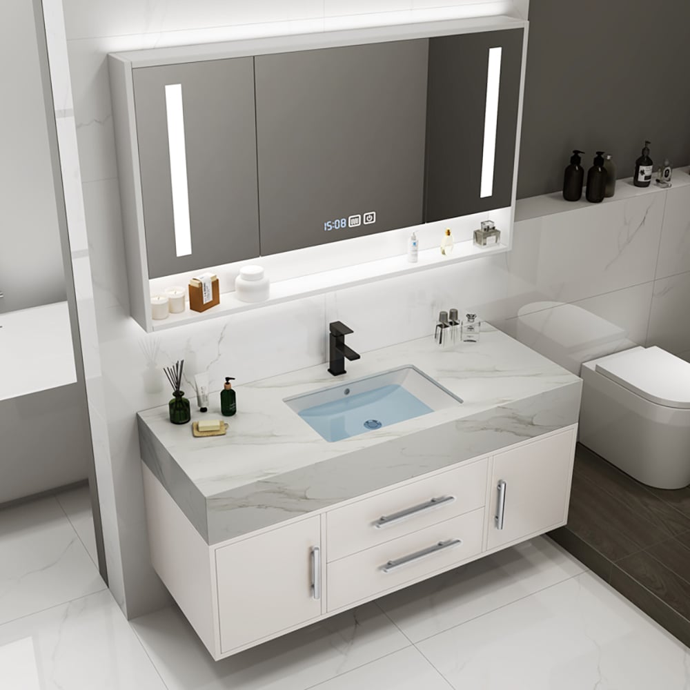 Meuble-lavabo simple mural blanc moderne de 99 cm avec plateau en pierre sintérisée et évier image de fenêtre