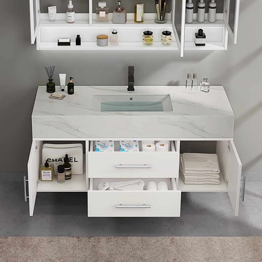 Meuble-lavabo simple mural blanc moderne de 99 cm avec plateau en pierre sintérisée et évier image de fenêtre