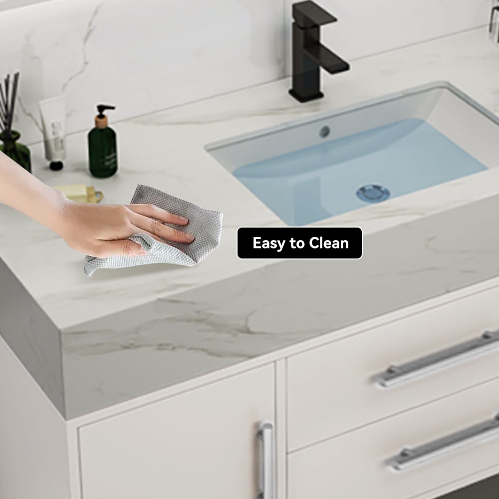 Meuble-lavabo simple mural blanc moderne de 99 cm avec plateau en pierre sintérisée et évier image de fenêtre