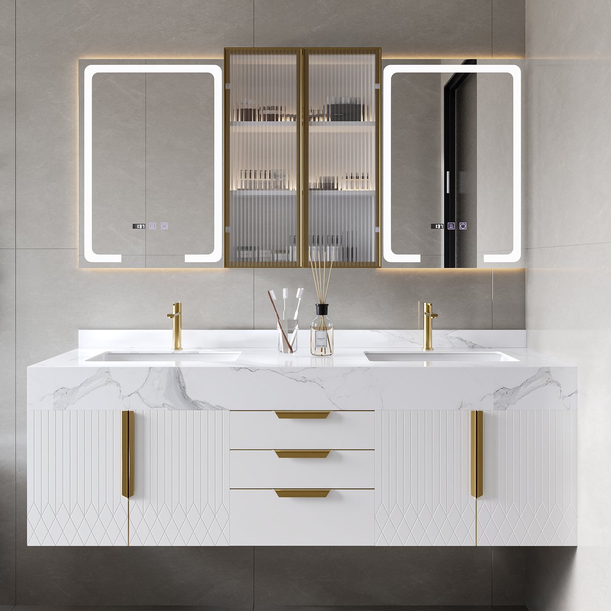Miroir de salle de bain mural en bois avec portes pour armoire à pharmacie éclairée par LED 1500mm image de fenêtre