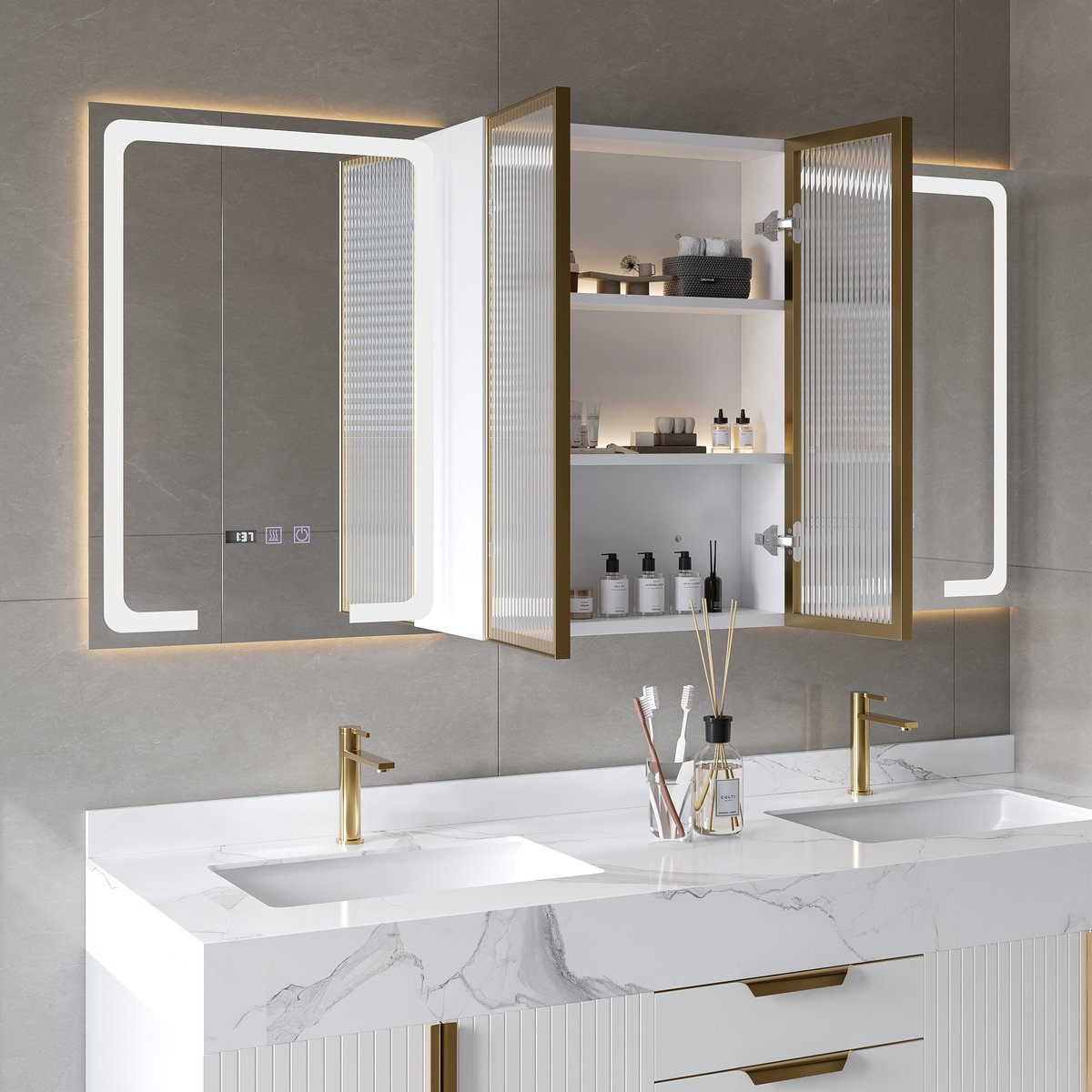 Miroir de salle de bain mural en bois avec portes pour armoire à pharmacie éclairée par LED 1500mm image de fenêtre