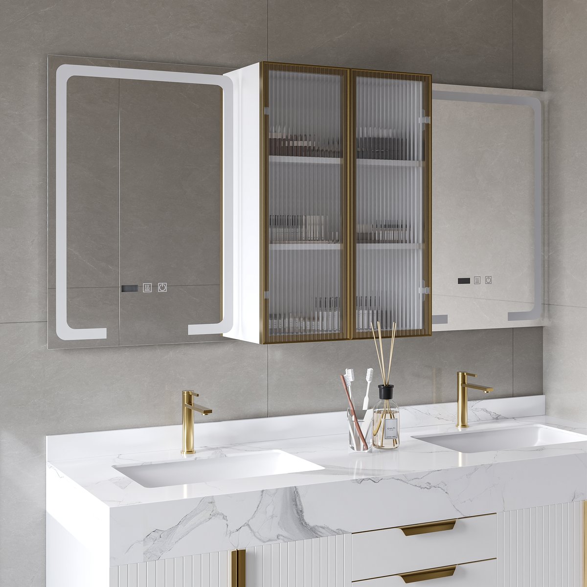 Miroir de salle de bain mural en bois avec portes pour armoire à pharmacie éclairée par LED 1500mm image de fenêtre