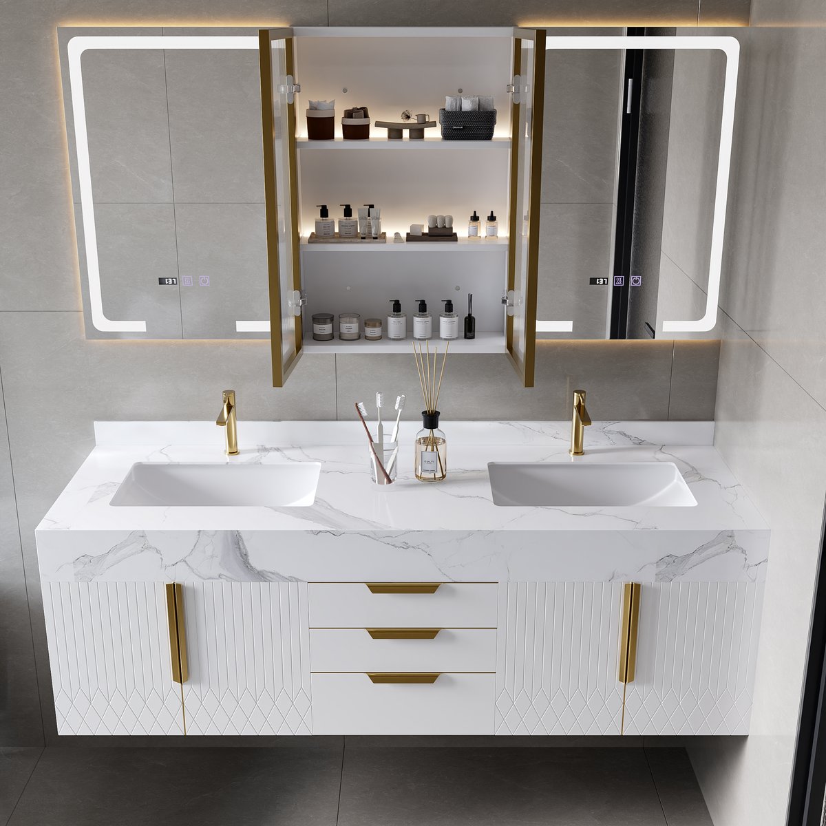 Miroir de salle de bain mural en bois avec portes pour armoire à pharmacie éclairée par LED 1500mm image de fenêtre