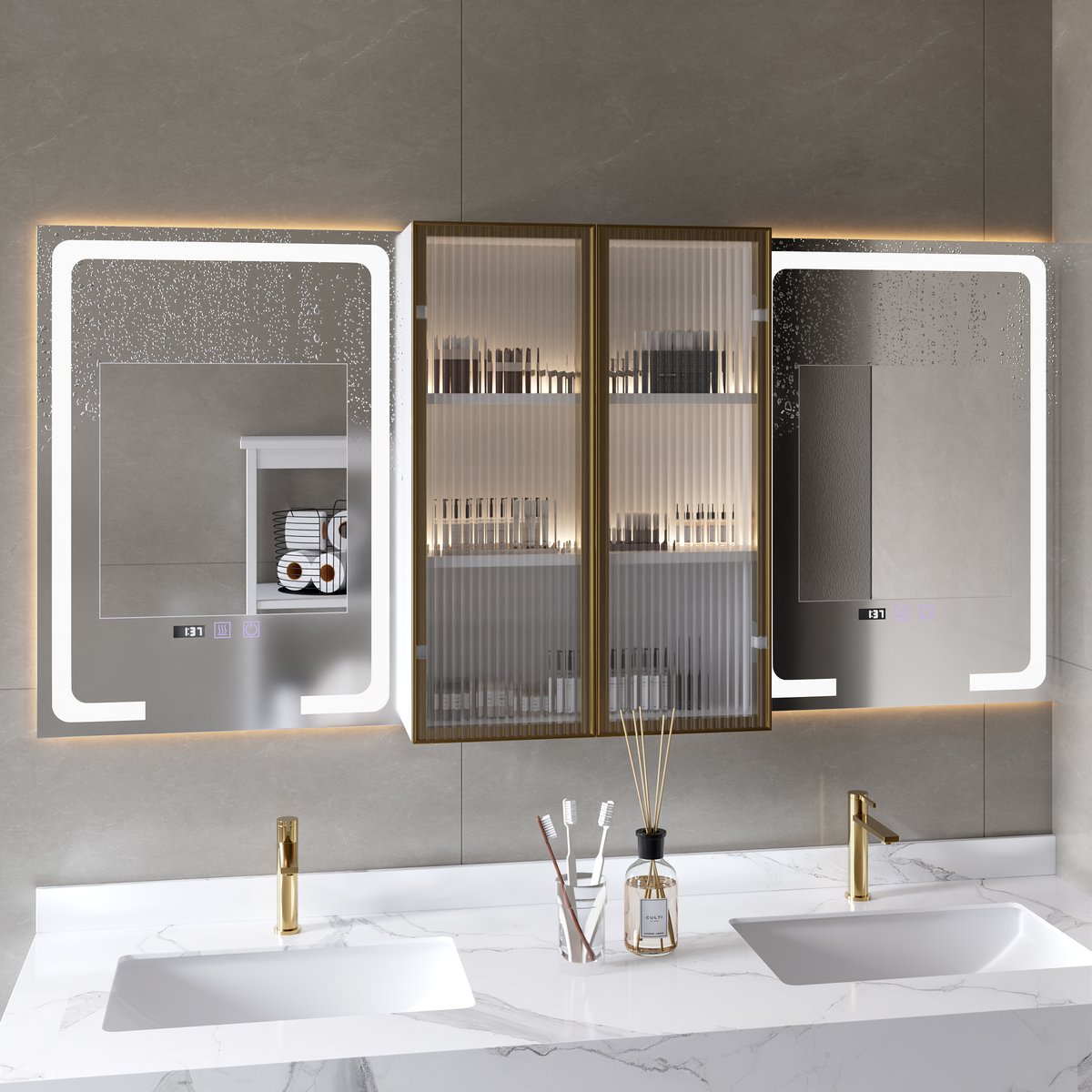 Miroir de salle de bain mural en bois avec portes pour armoire à pharmacie éclairée par LED 1500mm image de fenêtre