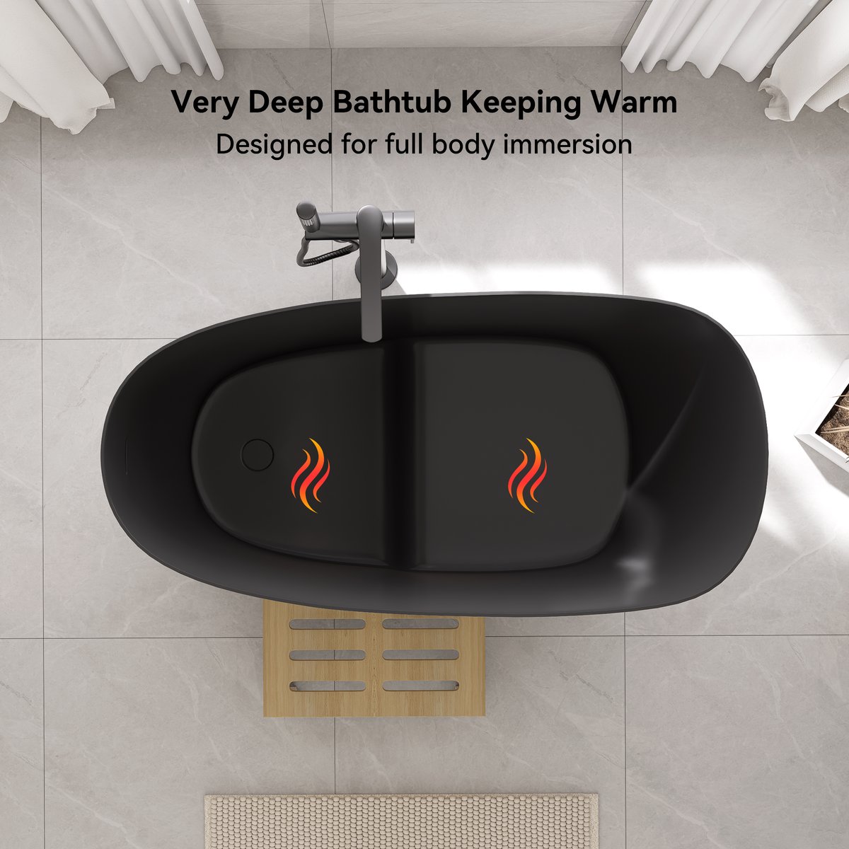 Baignoire 120 cm en résine de pierre noire avec siège ergonomique intégré image de fenêtre
