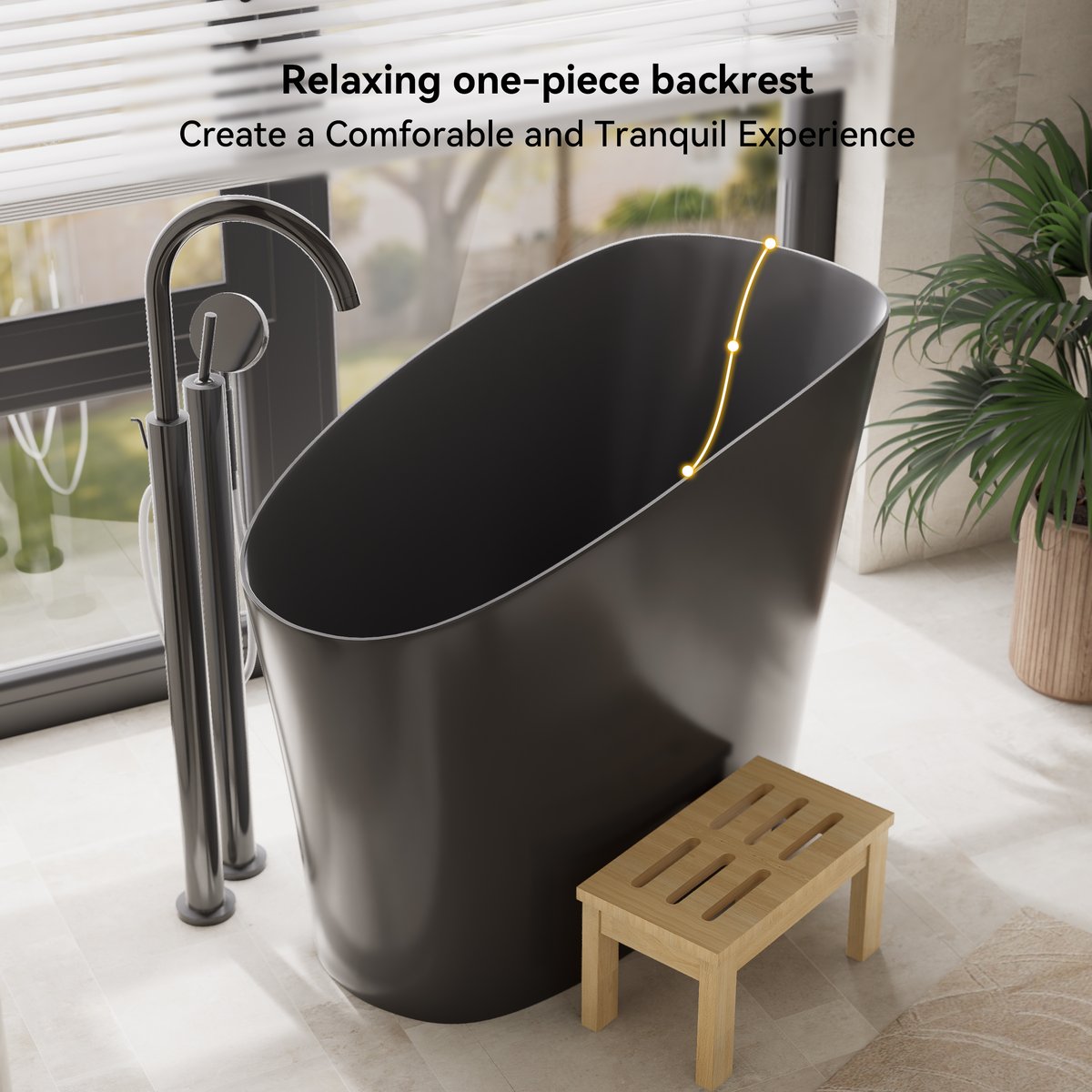 Baignoire 120 cm en résine de pierre noire avec siège ergonomique intégré image de fenêtre