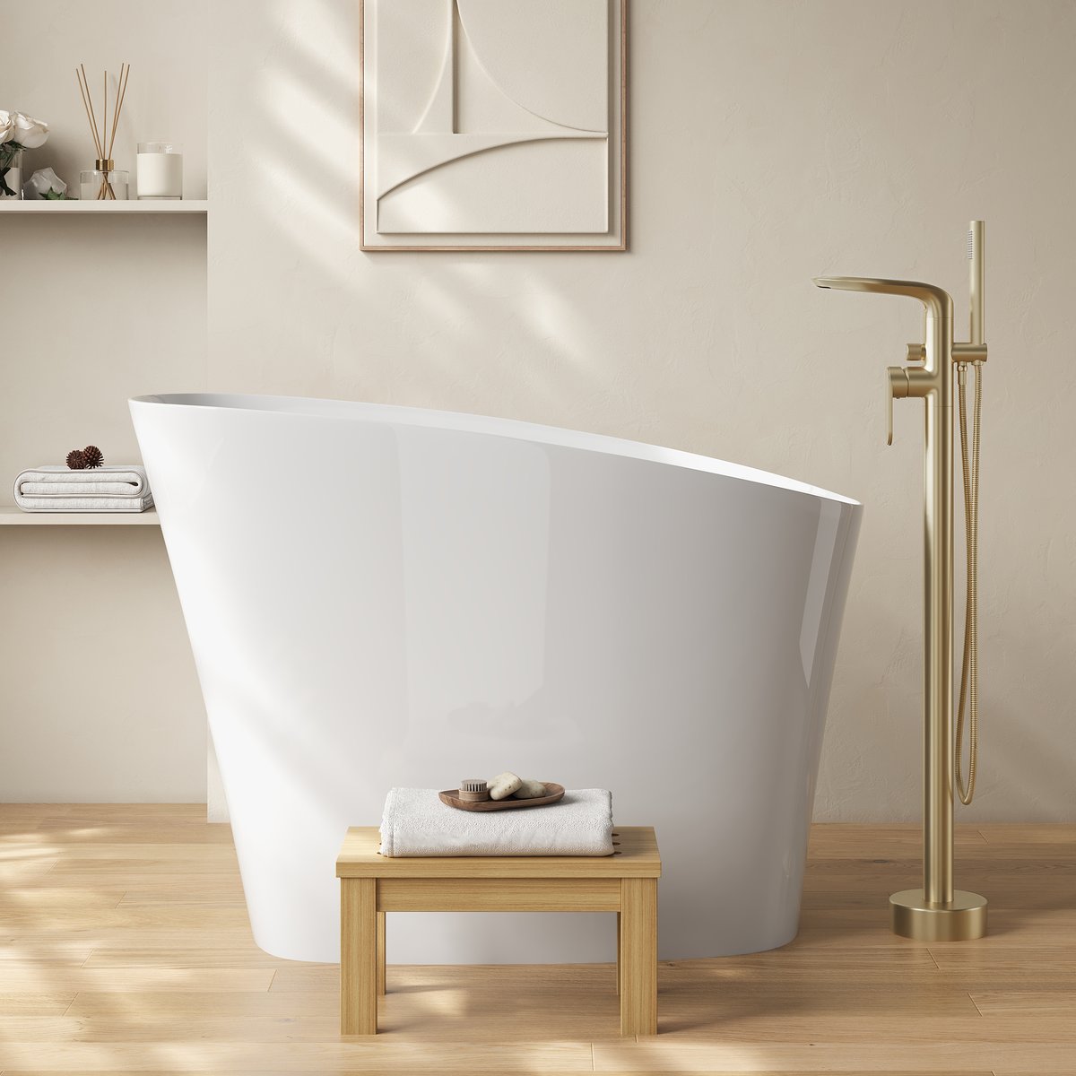 Baignoire 120 cm en résine de pierre blanche avec siège ergonomique intégré image de fenêtre