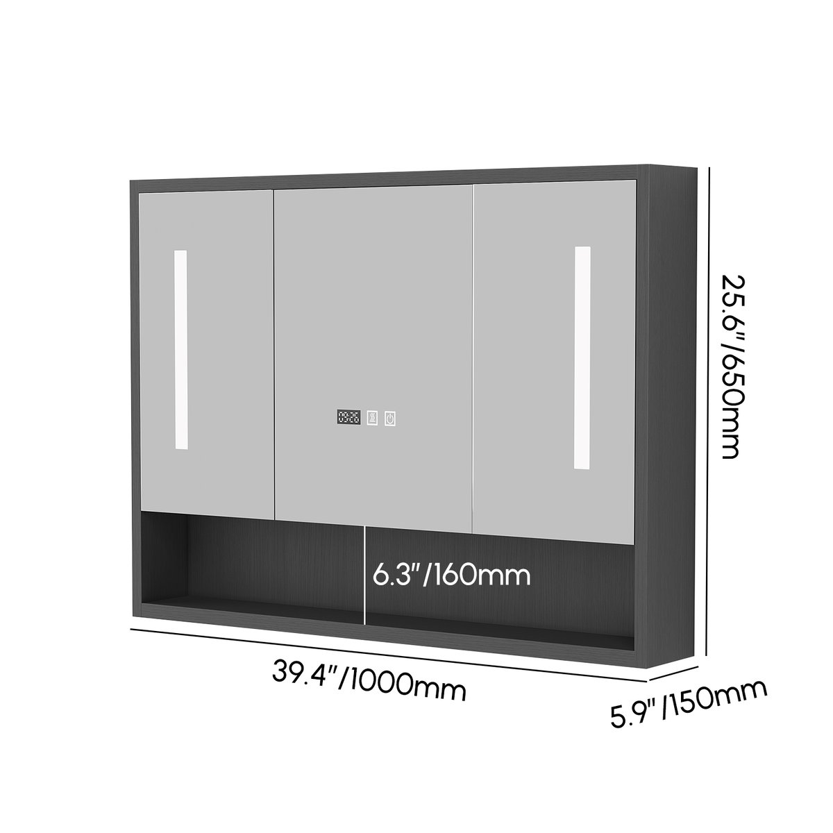 Armoire à pharmacie LED noire de 1000 mm avec éclairage réglable, antibuée et horloge numérique Poids, dimensions, image
