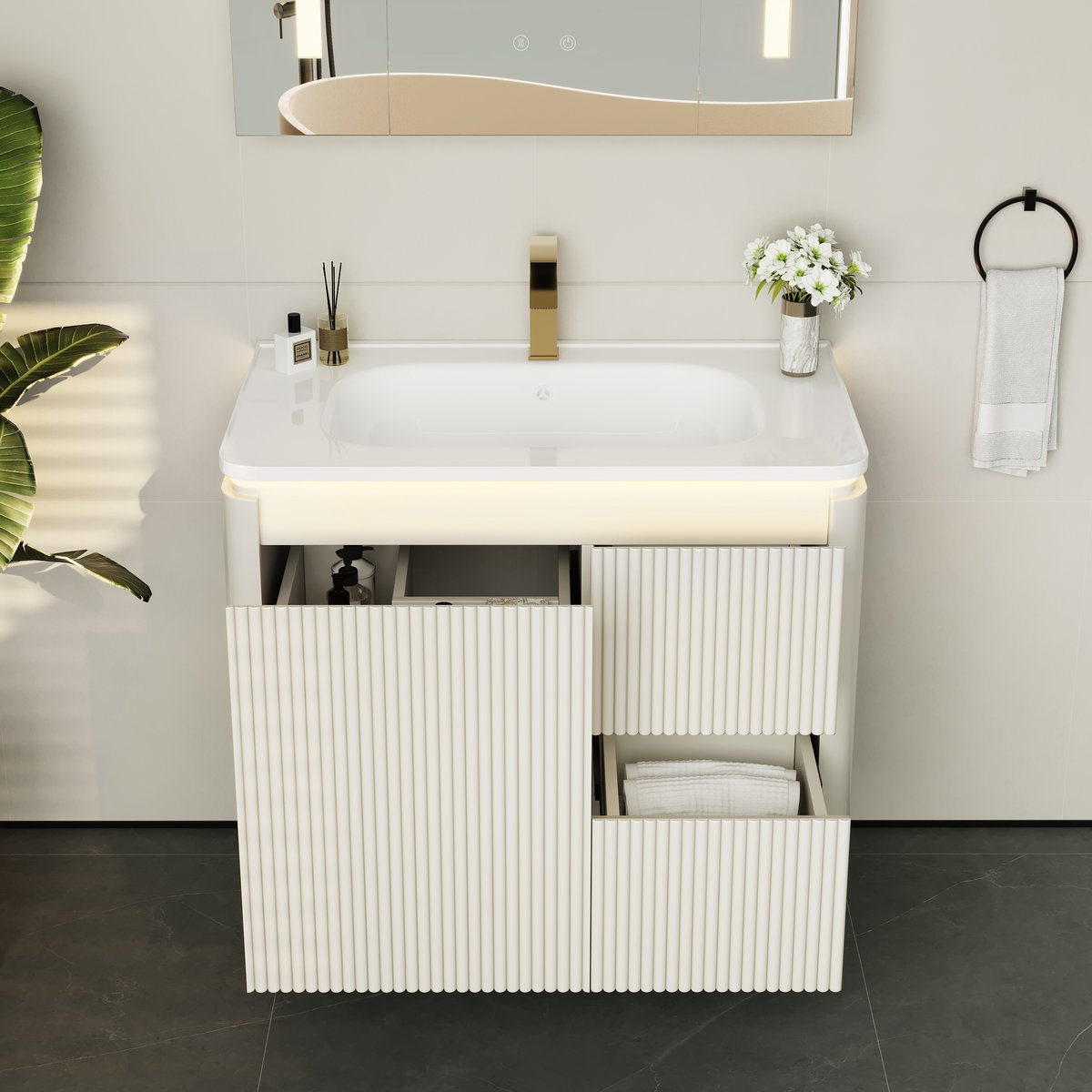 Ensemble de vanité de salle de bain flottant moderne à LED blanc chaud 800 mm avec lavabo image de fenêtre