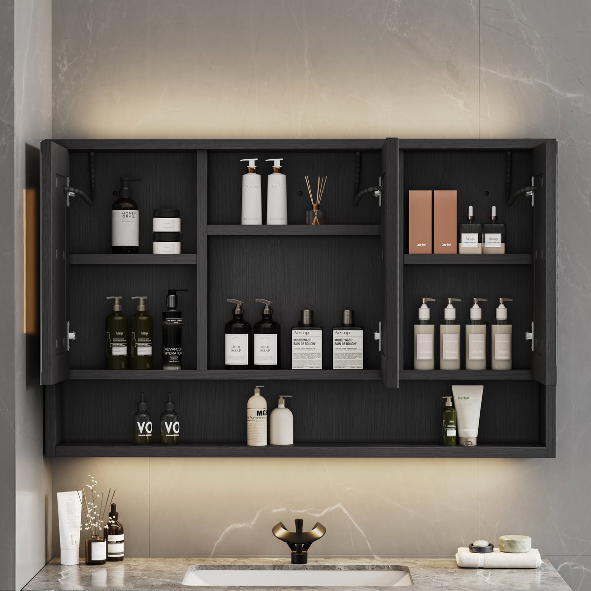Armoire à pharmacie LED noire de 1000 mm avec éclairage réglable, antibuée et horloge numérique image de fenêtre