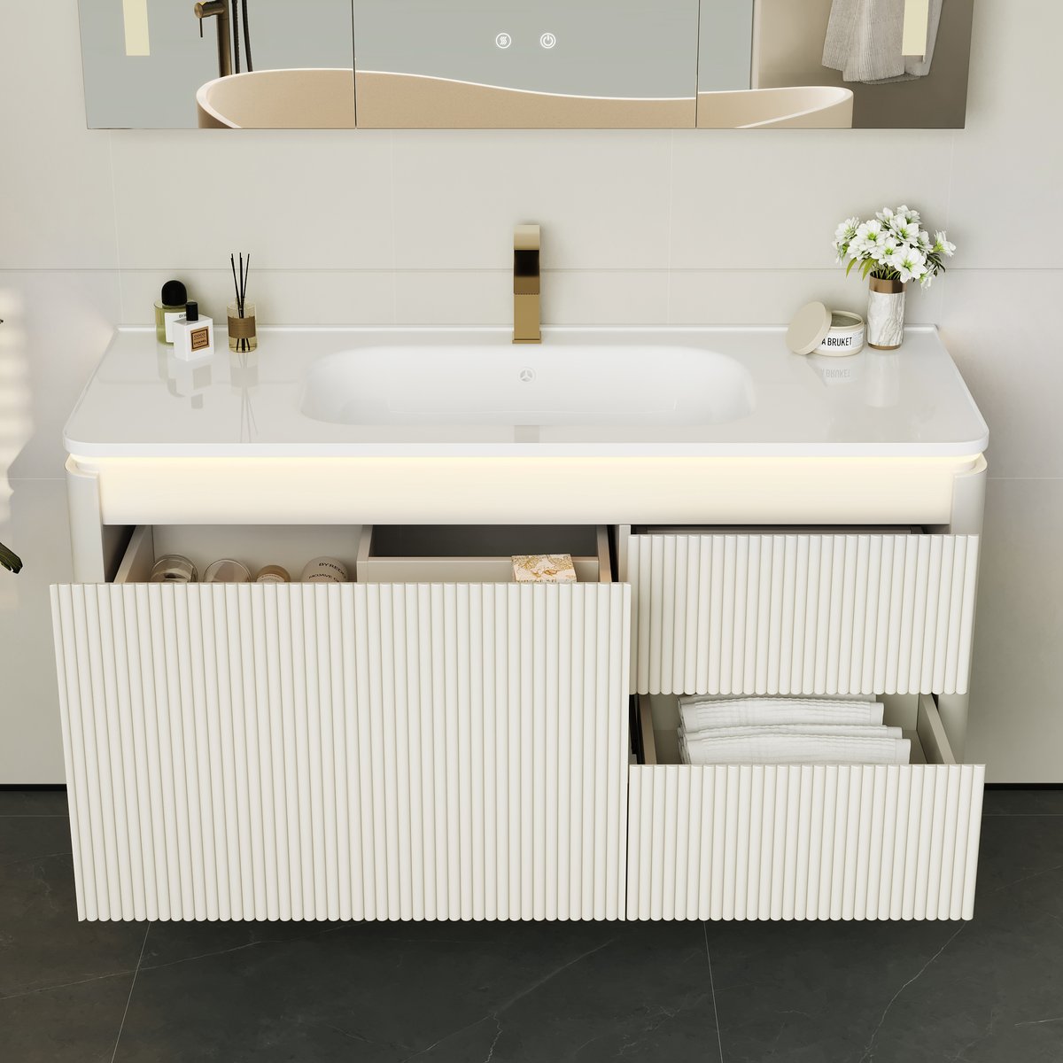 Meuble salle de bain suspendu 120 cm blanc mat avec vasque et LED intégrée image de fenêtre