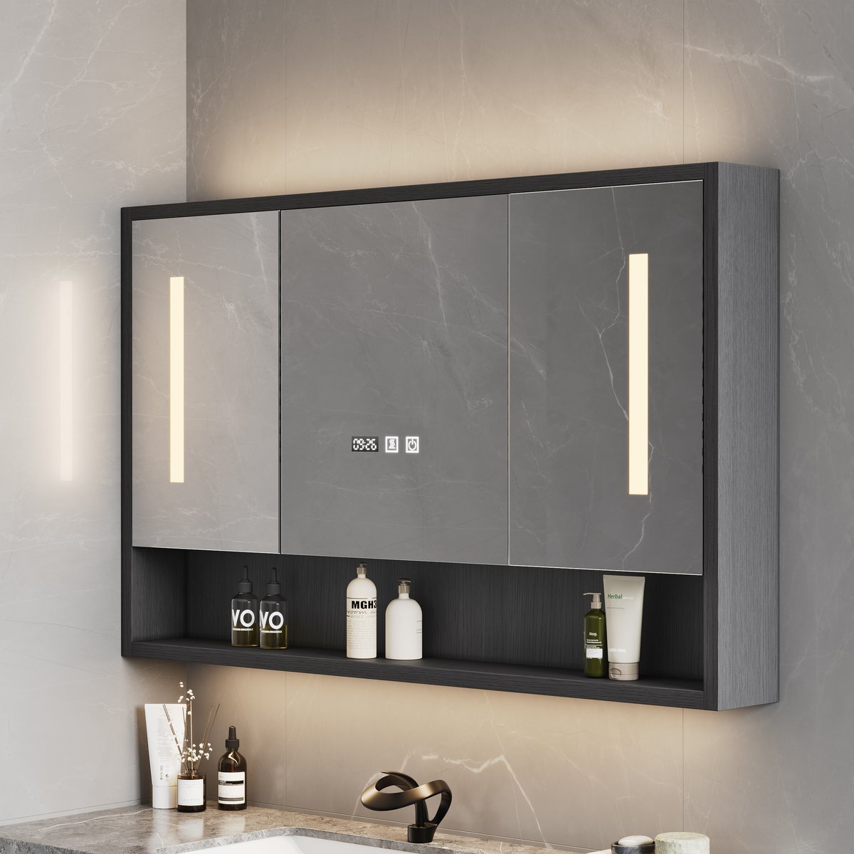 Armoire à pharmacie LED noire de 1000 mm avec éclairage réglable, antibuée et horloge numérique image de fenêtre
