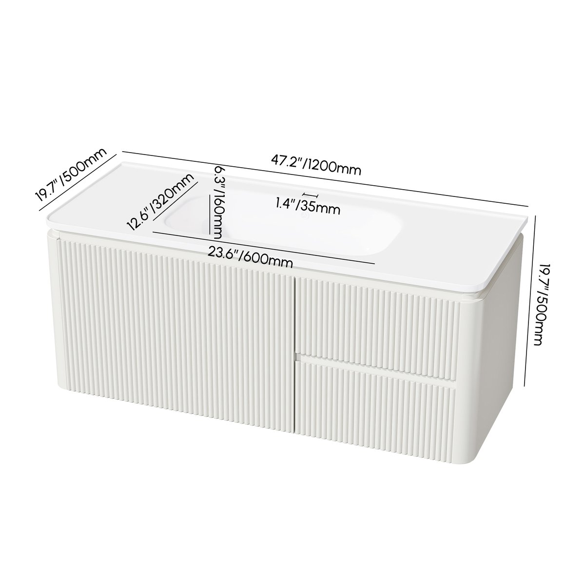 Meuble salle de bain suspendu 120 cm blanc mat avec vasque et LED intégrée Poids, dimensions, image