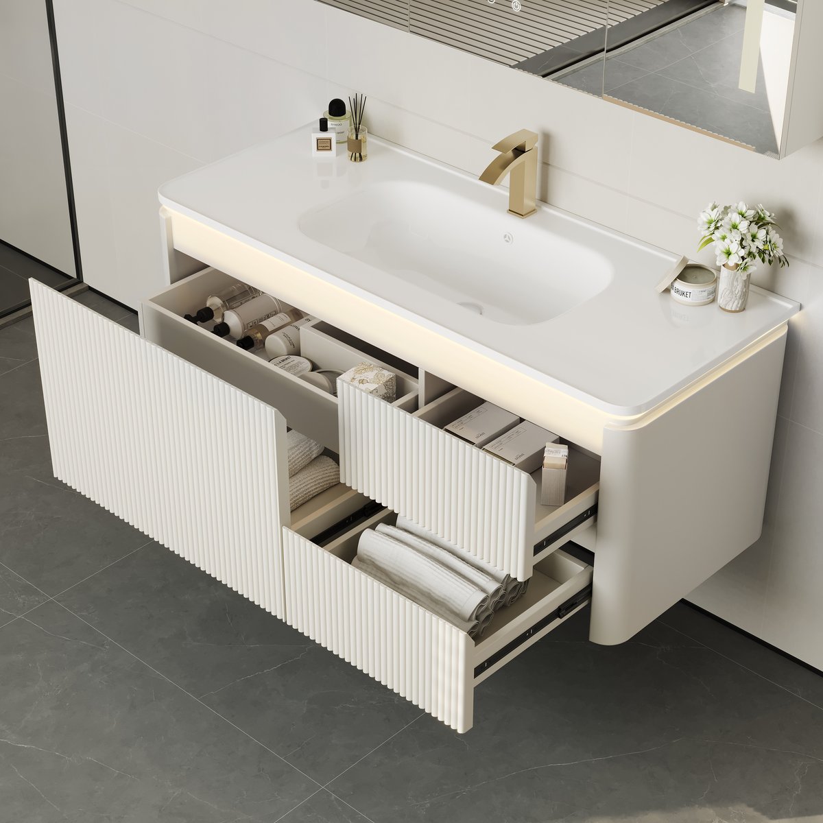 Meuble salle de bain suspendu 120 cm blanc mat avec vasque et LED intégrée image de fenêtre