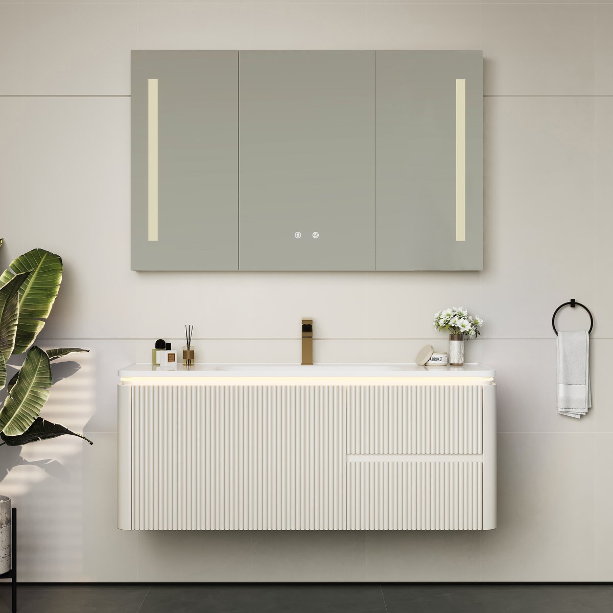 Meuble salle de bain suspendu 120 cm blanc mat avec vasque et LED intégrée image de fenêtre