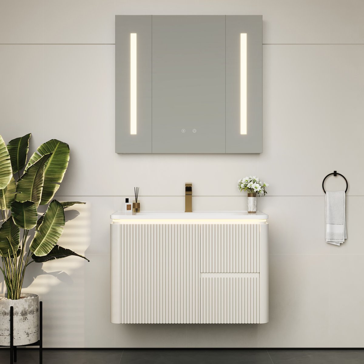 Ensemble de vanité de salle de bain flottant moderne à LED blanc chaud 800 mm avec lavabo image de fenêtre