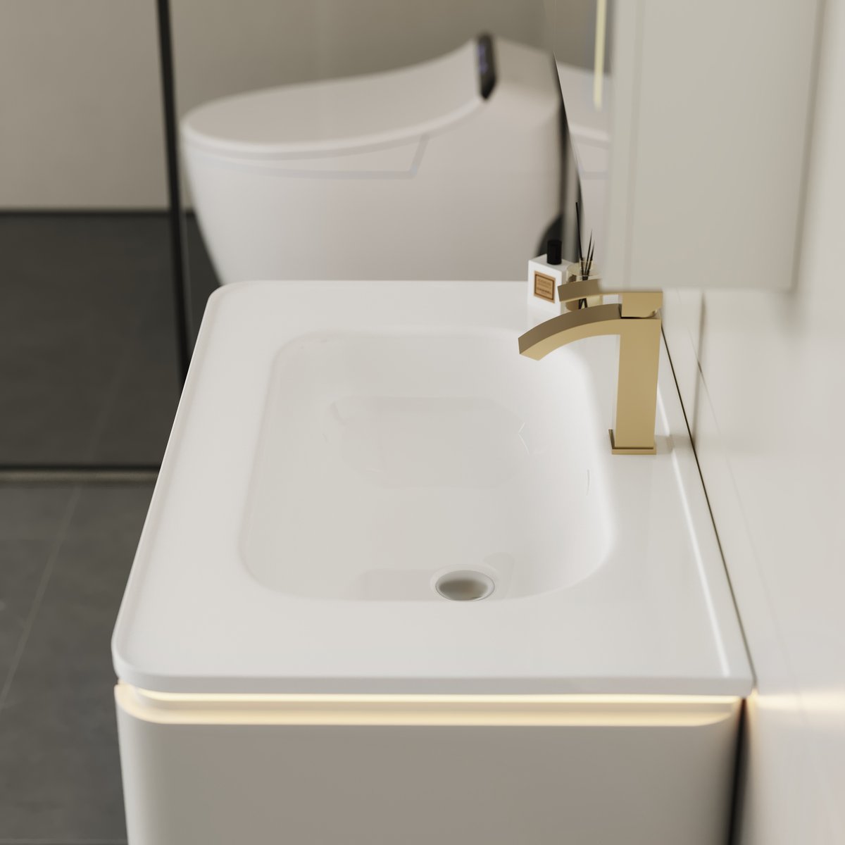 Ensemble de vanité de salle de bain flottant moderne à LED blanc chaud 800 mm avec lavabo image de fenêtre