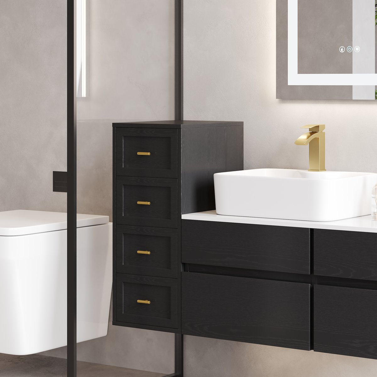 Armoire de salle de bain noire à 4 tiroirs de 400 mm avec montage mural ou au sol image de fenêtre