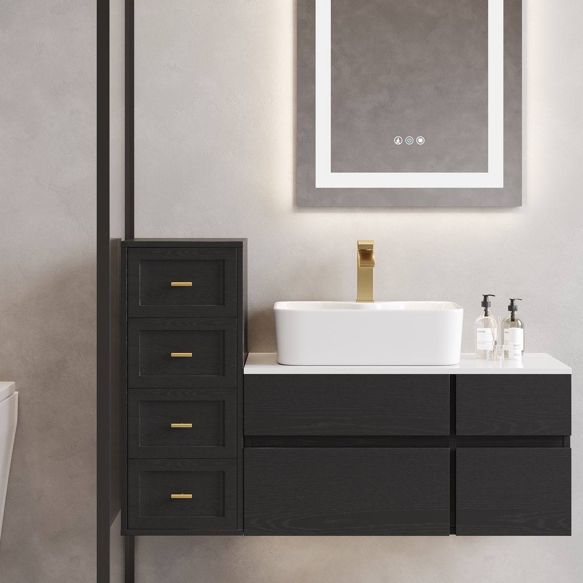 Armoire de salle de bain noire à 4 tiroirs de 400 mm avec montage mural ou au sol image de fenêtre