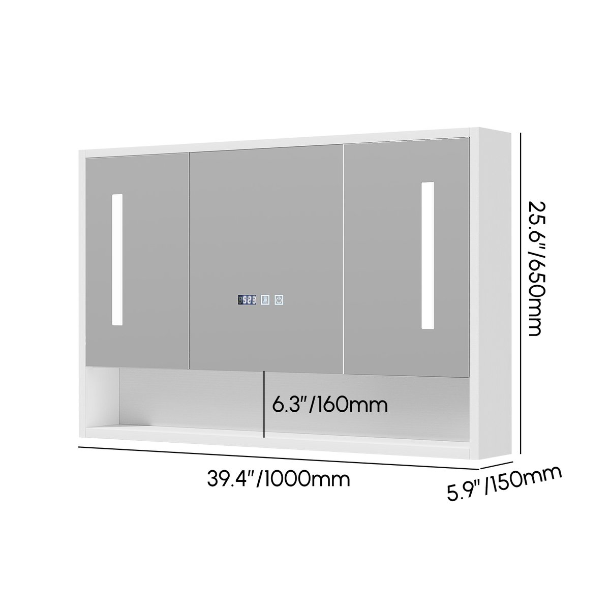 Armoire à pharmacie LED blanche de 1000 mm avec éclairage réglable, antibuée et horloge numérique Poids, dimensions, image