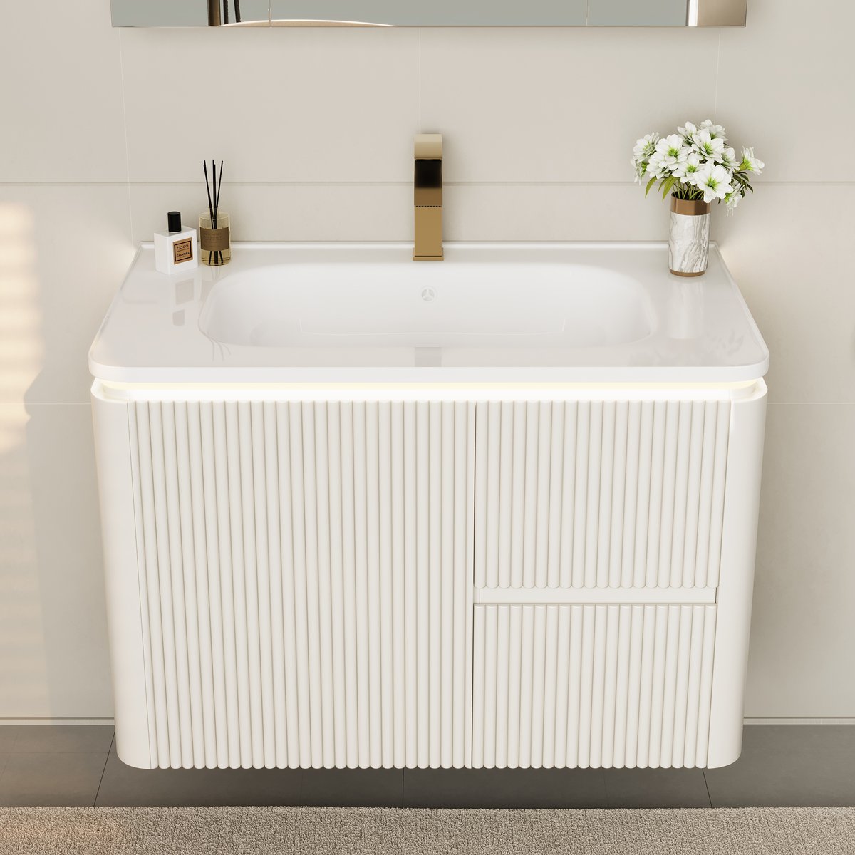 Ensemble de vanité de salle de bain flottant moderne à LED blanc chaud 800 mm avec lavabo image de fenêtre