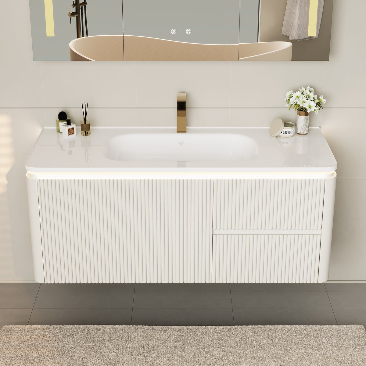 Meuble salle de bain suspendu 120 cm blanc mat avec vasque et LED intégrée image de fenêtre