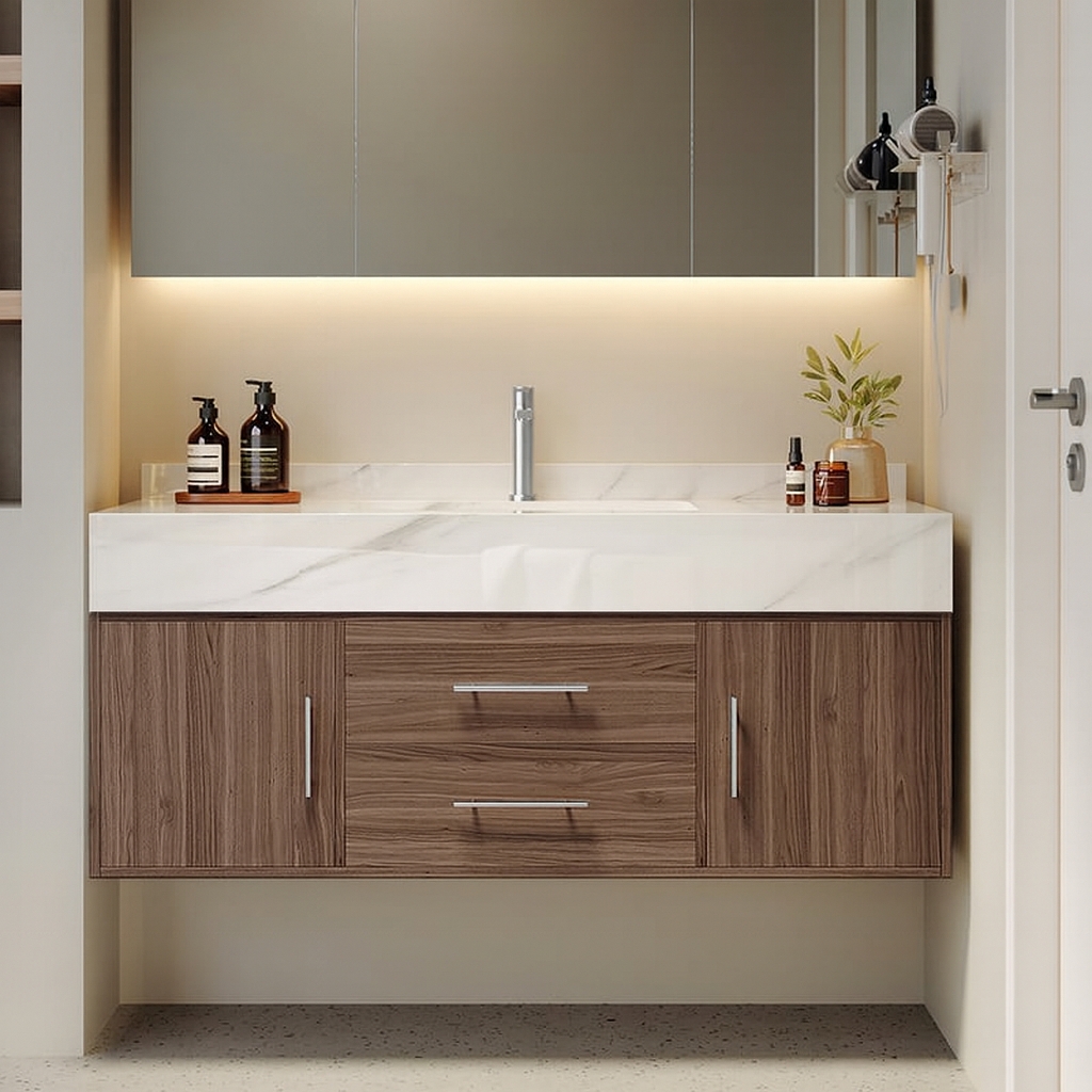 Meuble-lavabo simple mural moderne de 39 po en noyer avec dessus en pierre frittée et évier image de fenêtre