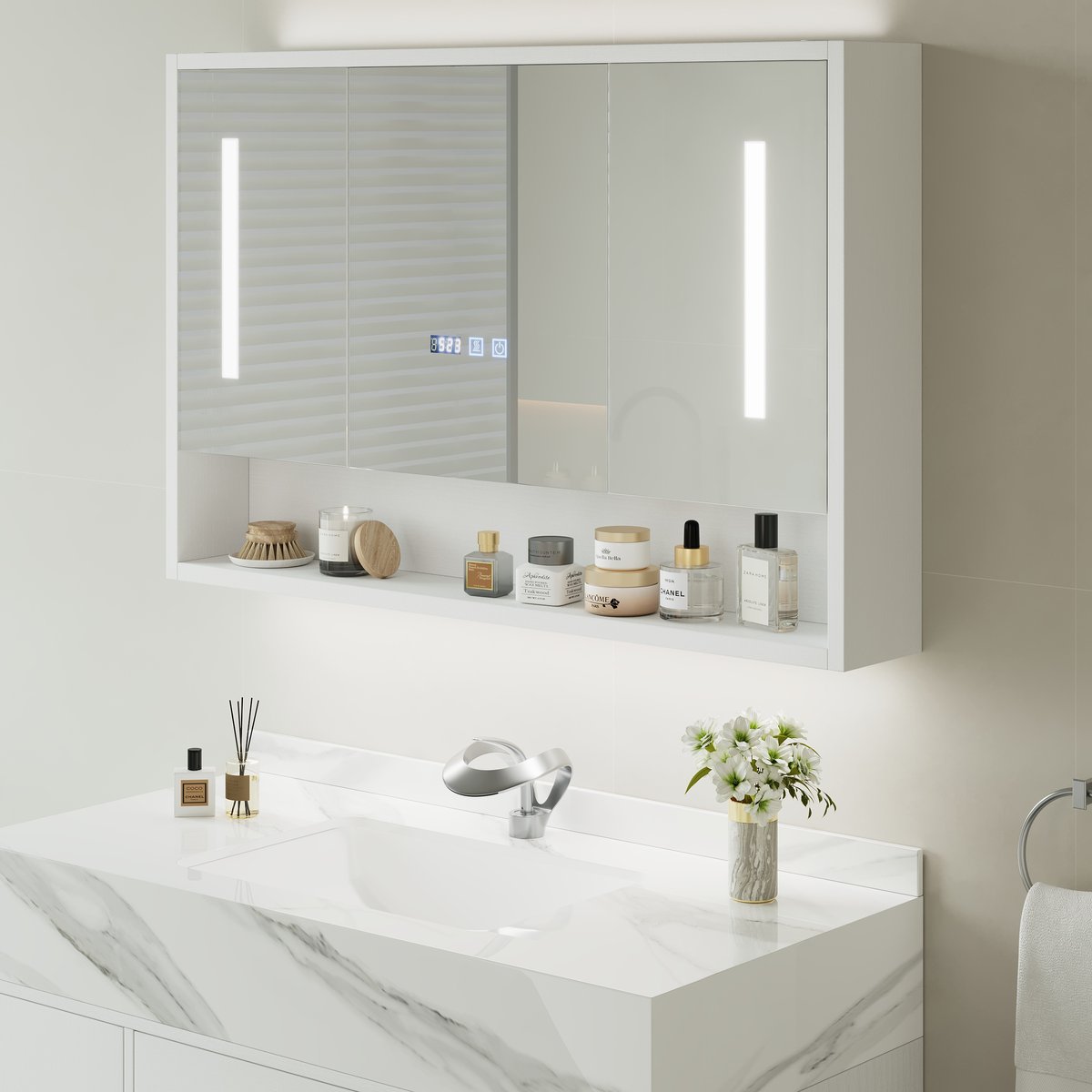 Ensemble de meuble-lavabo flottant blanc de 100 cm avec armoire de toilette LED image de fenêtre