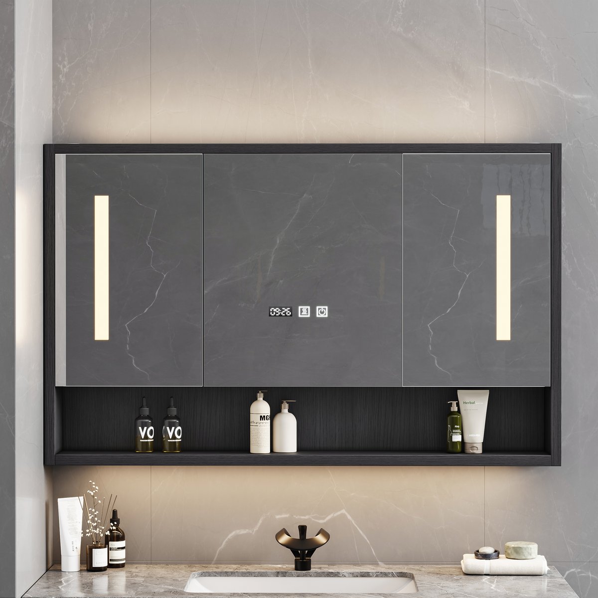Ensemble meuble de salle de bain suspendu noir 100cm avec armoire de toilette LED image de fenêtre