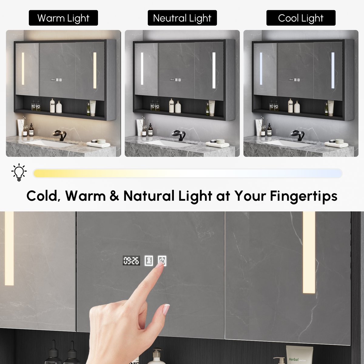 Ensemble meuble de salle de bain suspendu noir 100cm avec armoire de toilette LED image de fenêtre