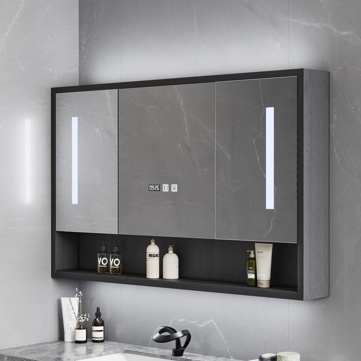 Ensemble meuble de salle de bain suspendu noir 100cm avec armoire de toilette LED image de fenêtre