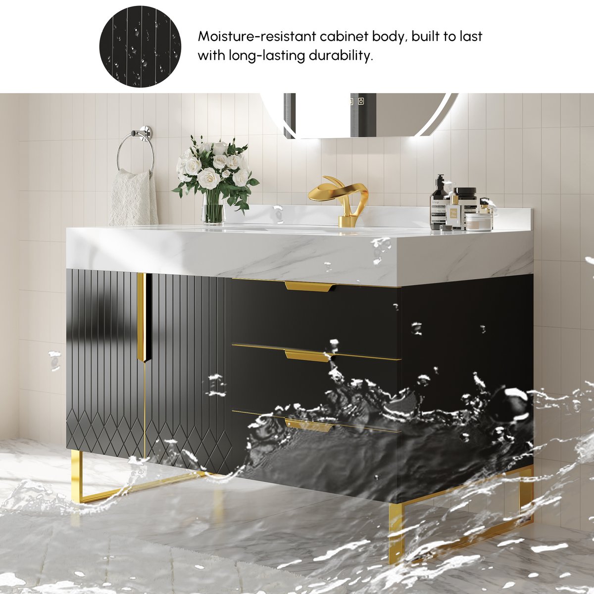 Bassin autoportant en céramique Aro, 900 mm, noir, tiroirs de salle de bain, dessus en faux marbre image de fenêtre