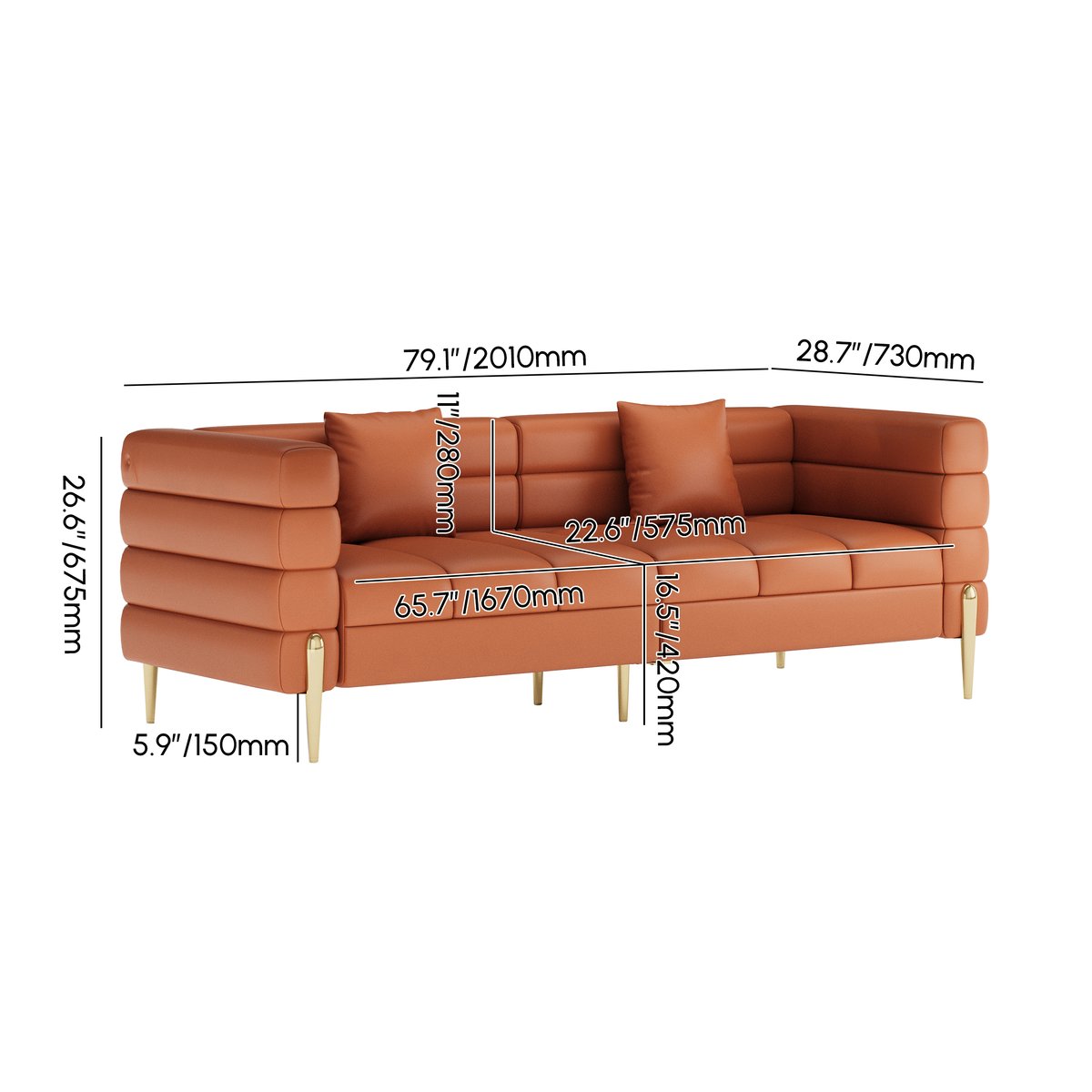 Fauteuil d'appoint Axial performance en cuir canapé cannelé 200 cm avec pieds et coussins dorés Poids, dimensions, image
