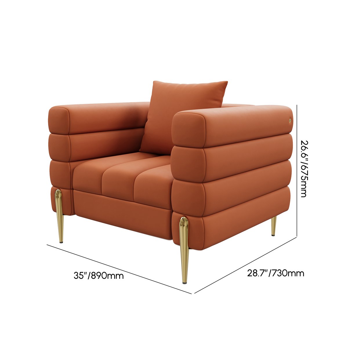 Fauteuil d'appoint Axial performance en cuir canapé cannelé 200 cm avec pieds et coussins dorés Poids, dimensions, image