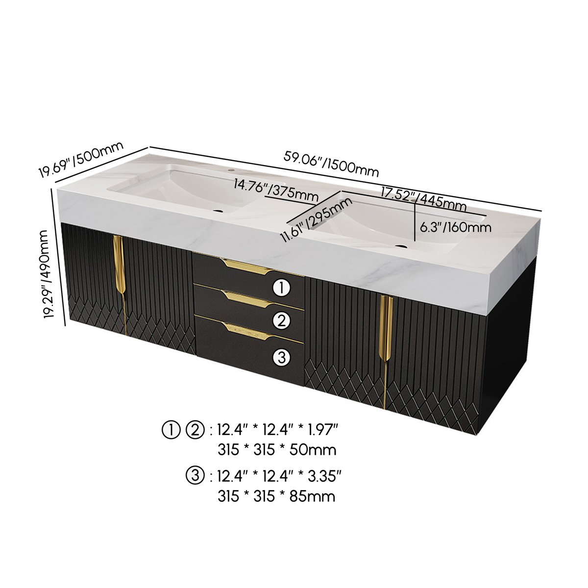 Meuble double vasque suspendu Aro 150 cm avec plateau en pierre frittée Poids, dimensions, image