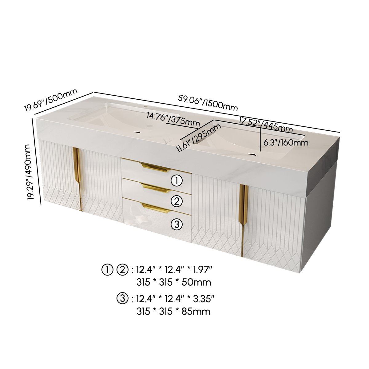 Meuble double vasque suspendu Aro 150 cm avec plateau en pierre frittée Poids, dimensions, image