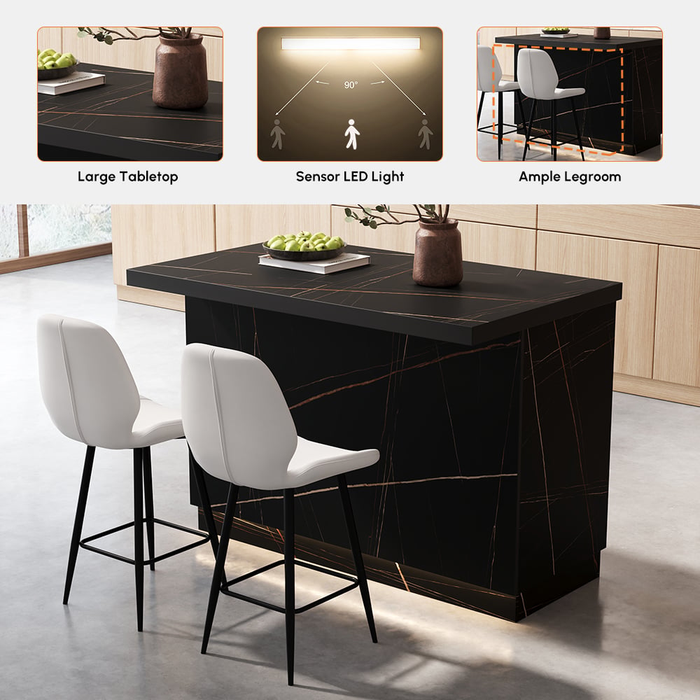 Îlot central de cuisine Japandi 127 cm noir avec rangement et éclairage LED image de fenêtre