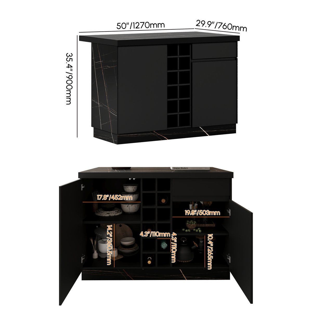 Îlot central de cuisine Japandi 127 cm noir avec rangement et éclairage LED Poids, dimensions, image