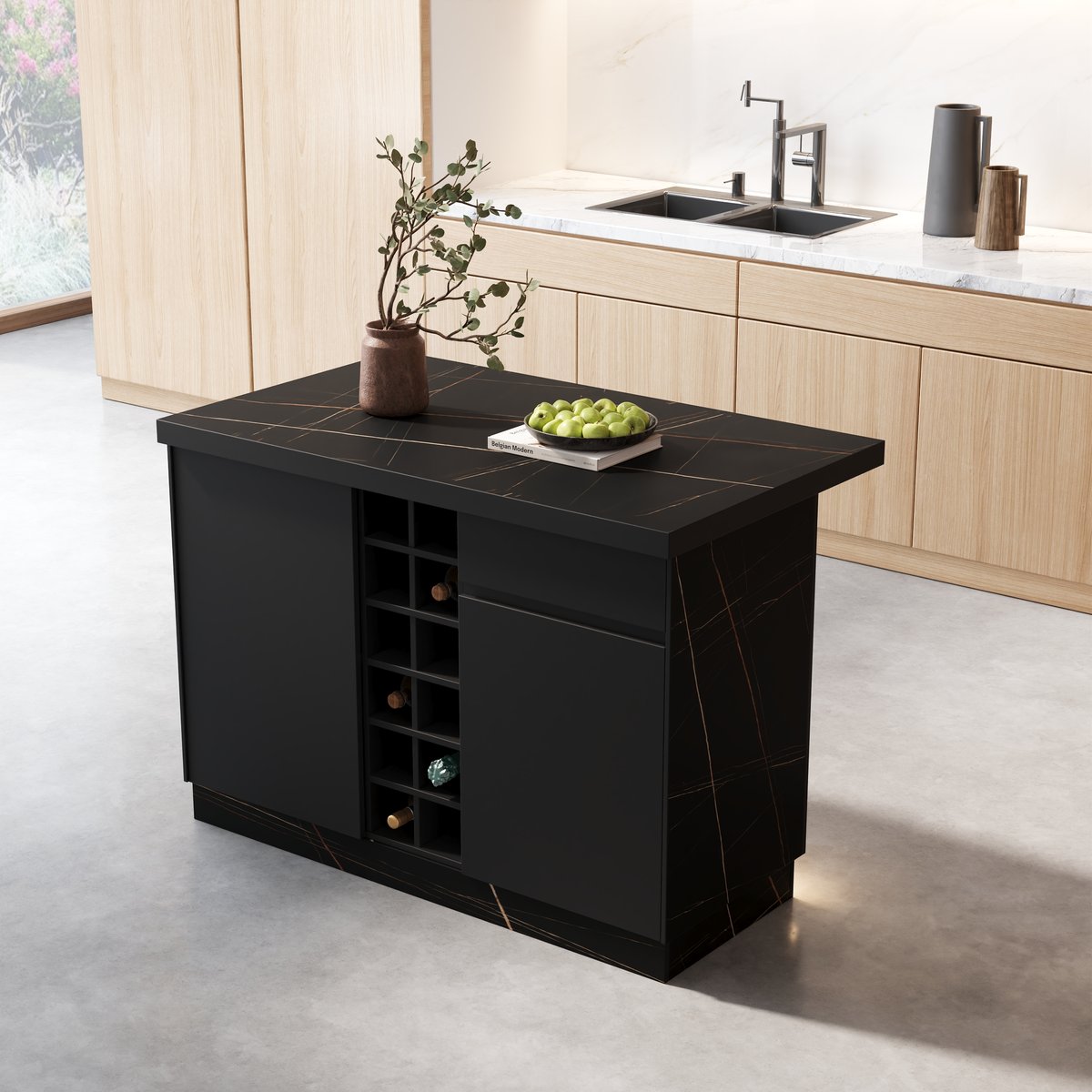 Îlot central de cuisine Japandi 127 cm noir avec rangement et éclairage LED image de fenêtre