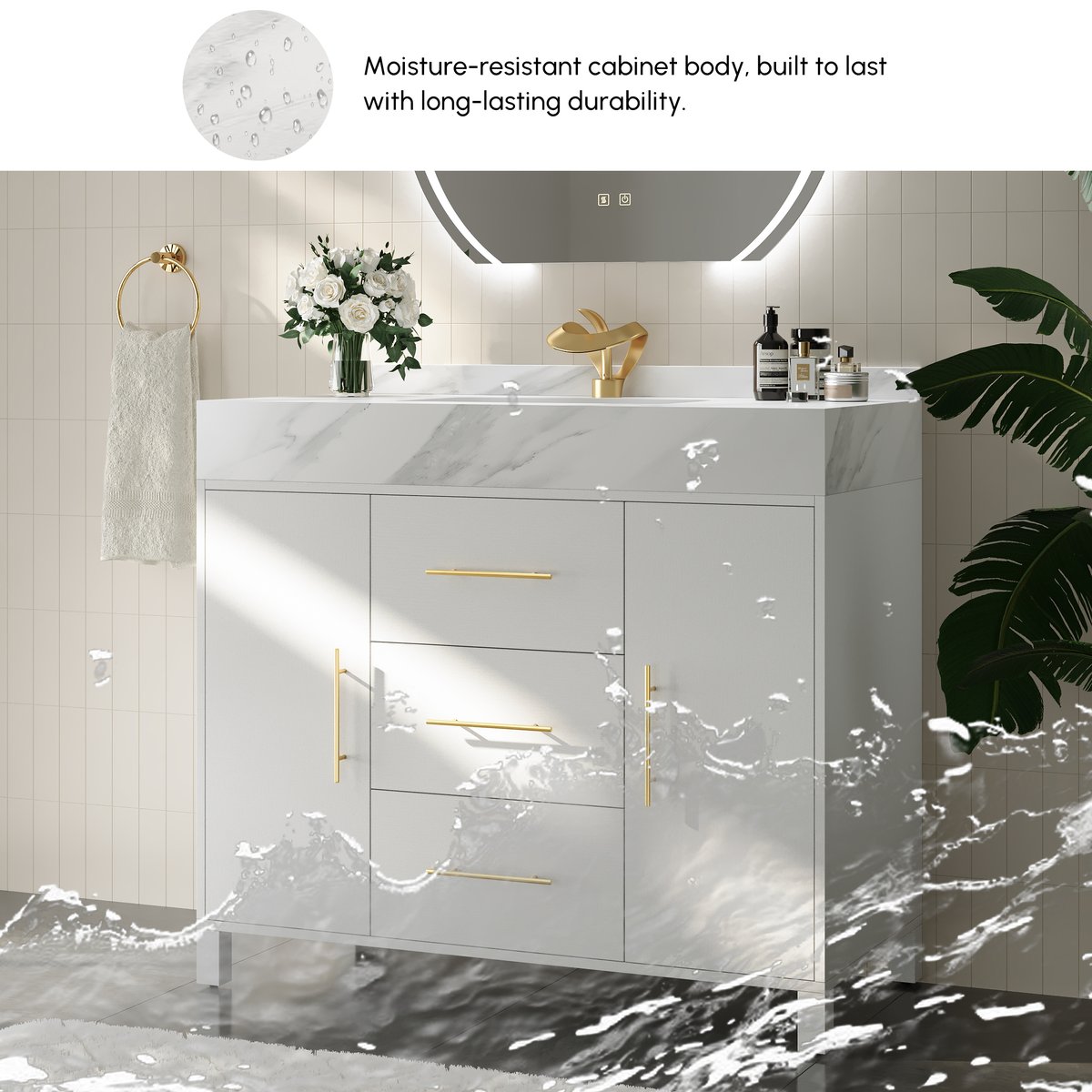 Vanité de salle de bain autoportante blanche de 1000 mm, comptoir en pierre frittée et poignées dorées image de fenêtre