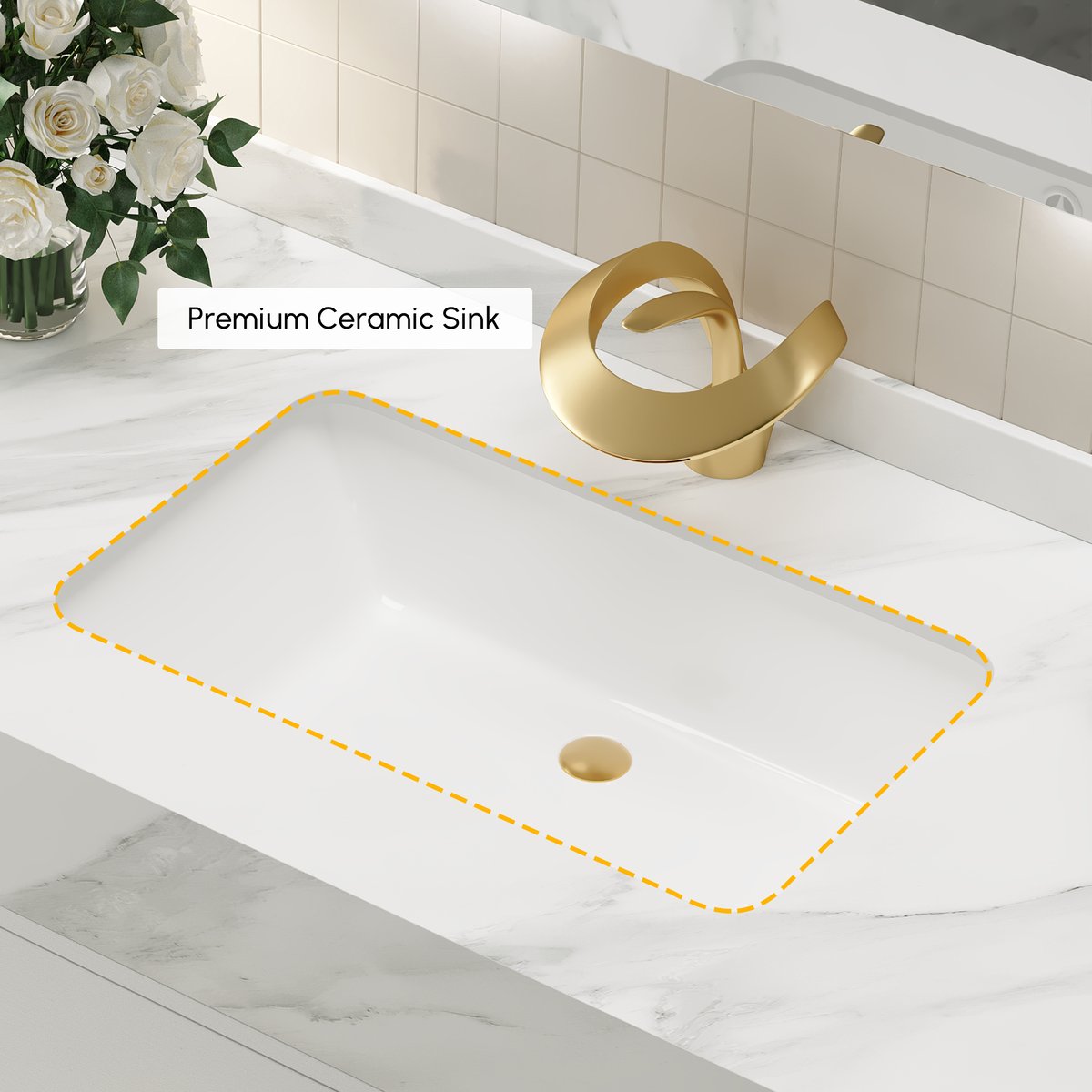 Vanité de salle de bain autoportante blanche de 1000 mm, comptoir en pierre frittée et poignées dorées image de fenêtre