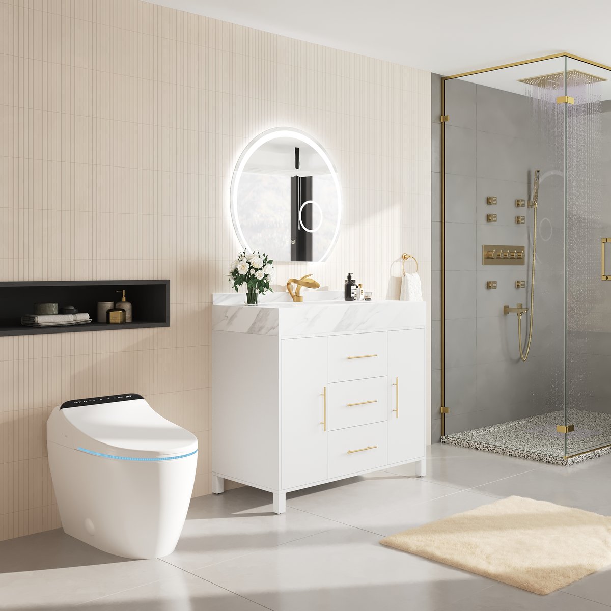 Vanité de salle de bain autoportante blanche de 1000 mm, comptoir en pierre frittée et poignées dorées image de fenêtre