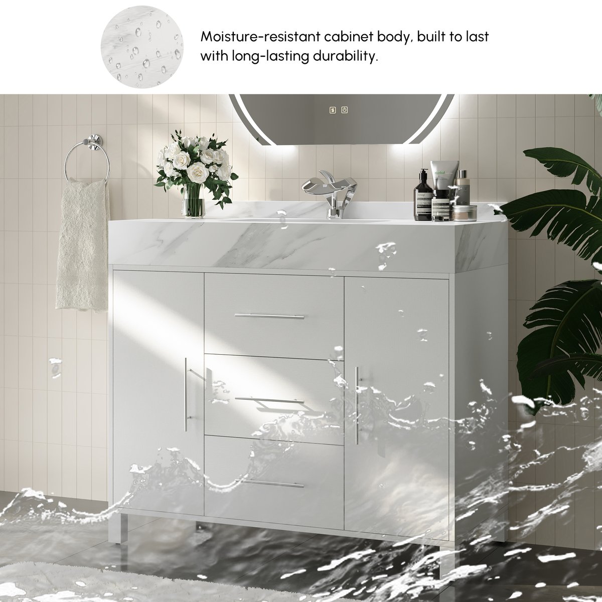 Vanité de salle de bain autoportante blanche de 1000 mm, comptoir en pierre frittée et poignées argentées image de fenêtre