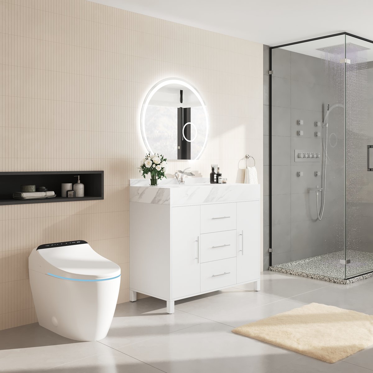 Vanité de salle de bain autoportante blanche de 1000 mm, comptoir en pierre frittée et poignées argentées image de fenêtre