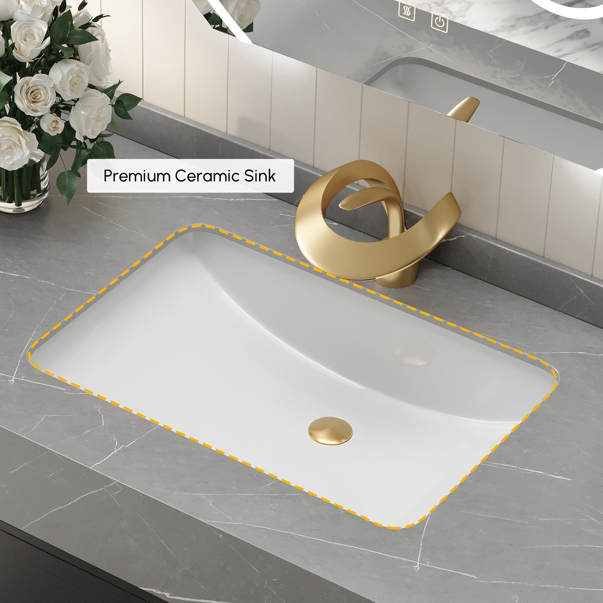 Vanité de salle de bain autoportante noire de 1000 mm, comptoir en pierre frittée et poignées dorées image de fenêtre