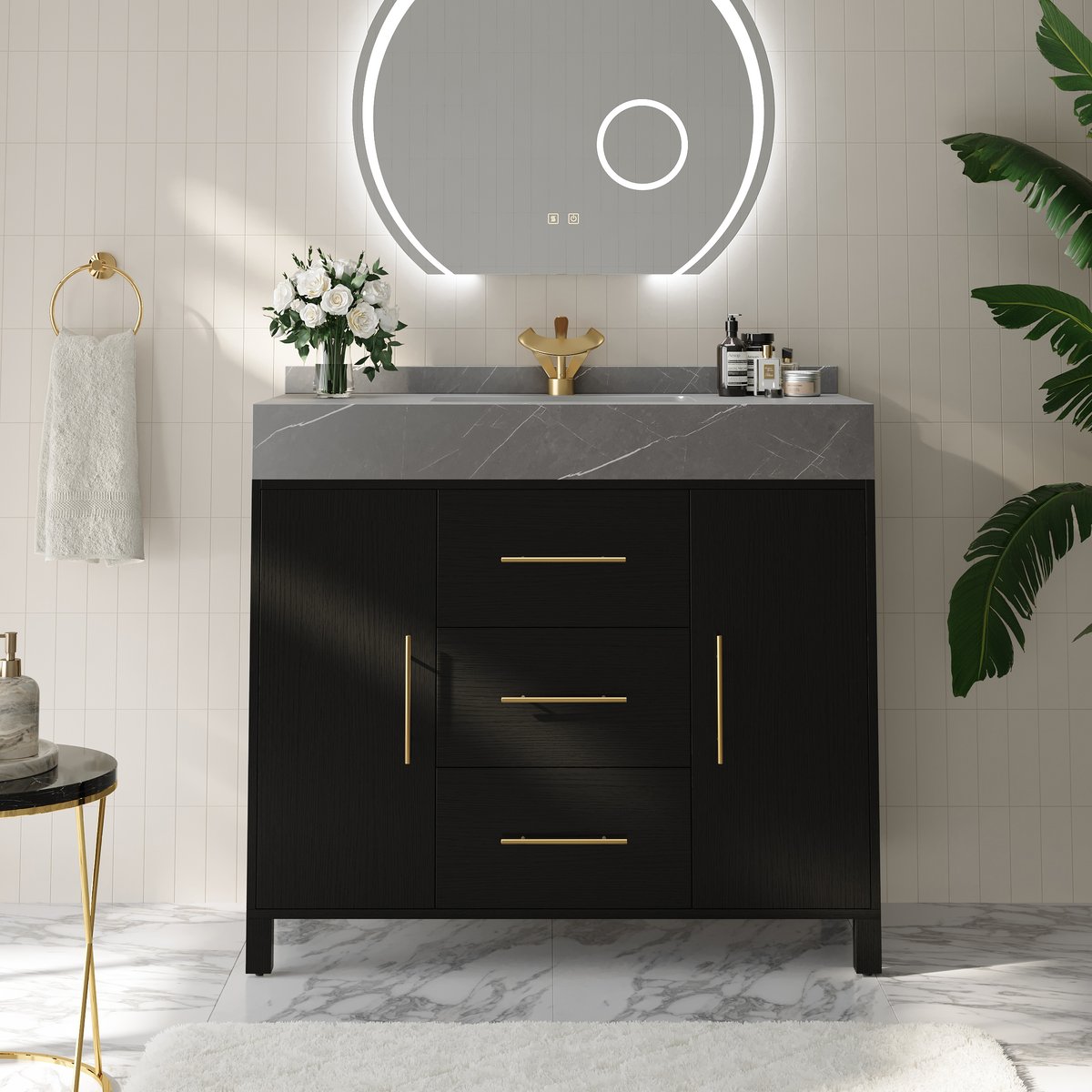 Vanité de salle de bain autoportante noire de 1000 mm, comptoir en pierre frittée et poignées dorées image de fenêtre