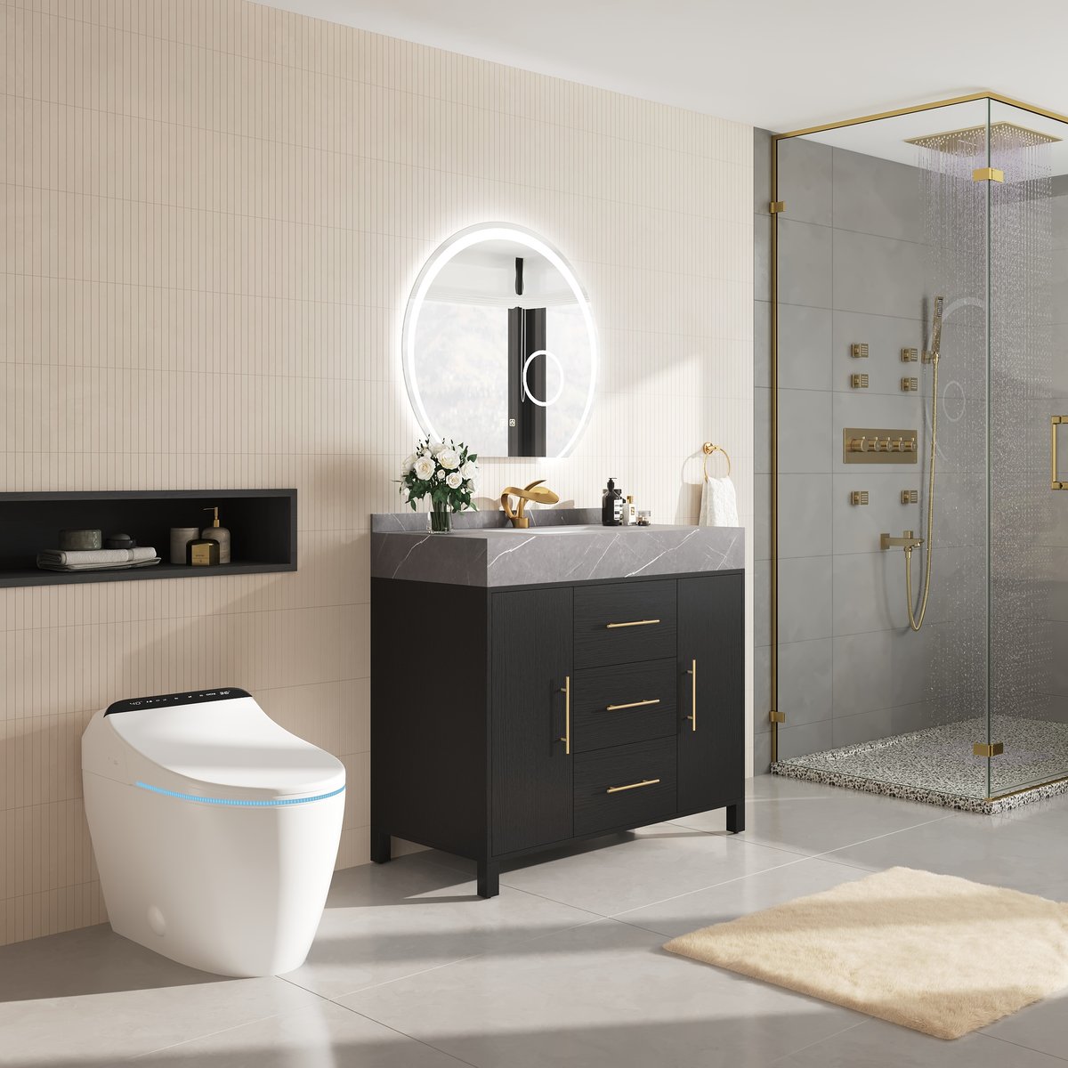 Vanité de salle de bain autoportante noire de 1000 mm, comptoir en pierre frittée et poignées dorées image de fenêtre