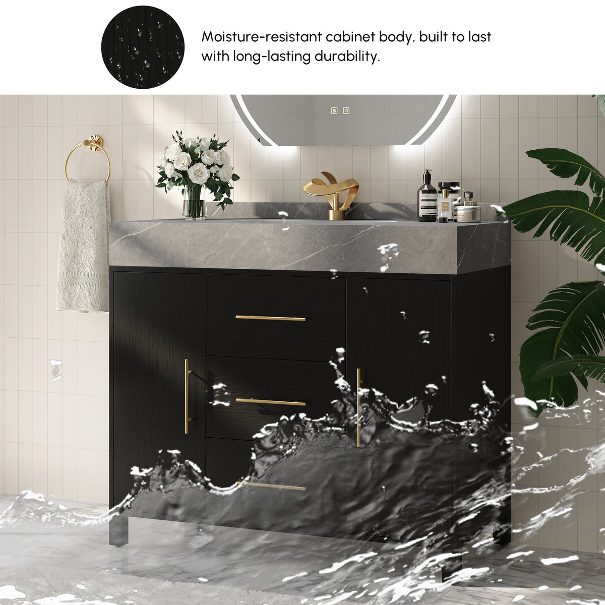 Vanité de salle de bain autoportante noire de 1000 mm, comptoir en pierre frittée et poignées dorées image de fenêtre