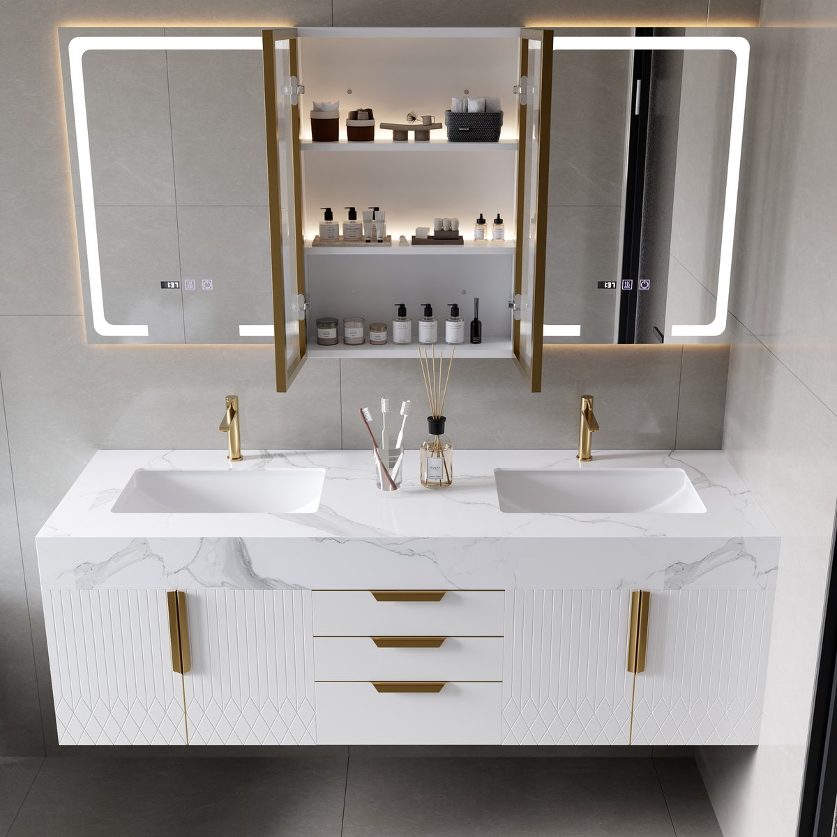 Ensemble de vanité flottante à double évier de 1500 mm avec armoire à pharmacie LED avec rangement image de fenêtre
