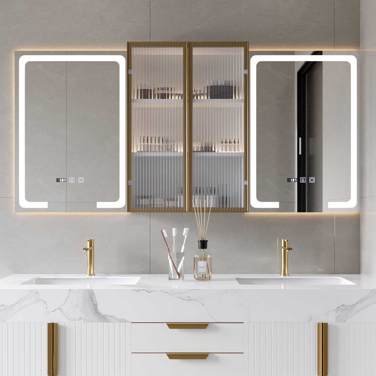Ensemble de vanité autoportant à double évier de 1500 mm avec armoire à pharmacie LED avec rangement image de fenêtre